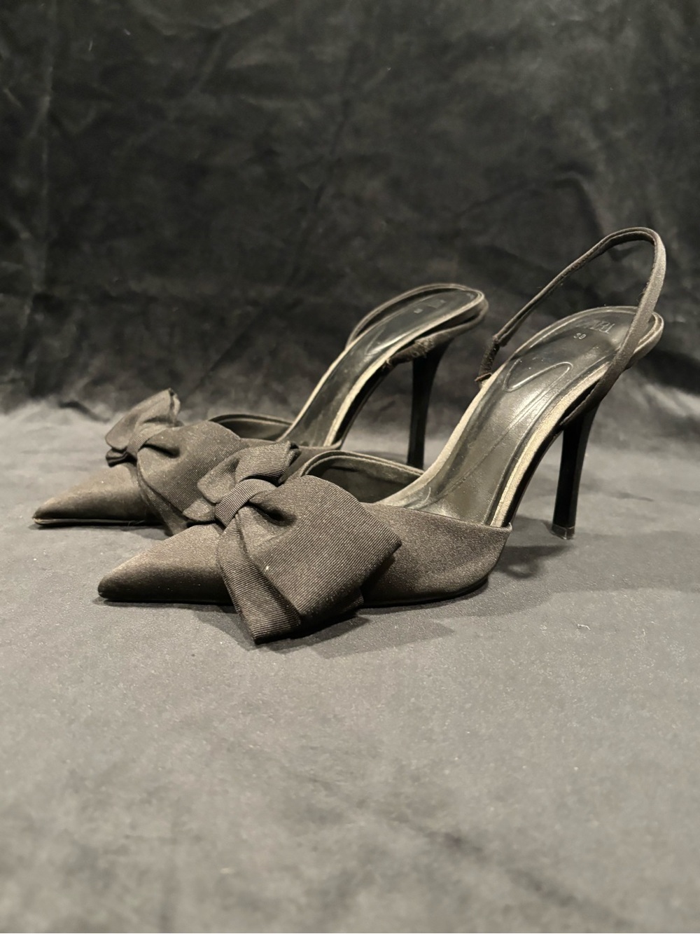 Zara Black Pointed-Toe Slingback Heels with Bow